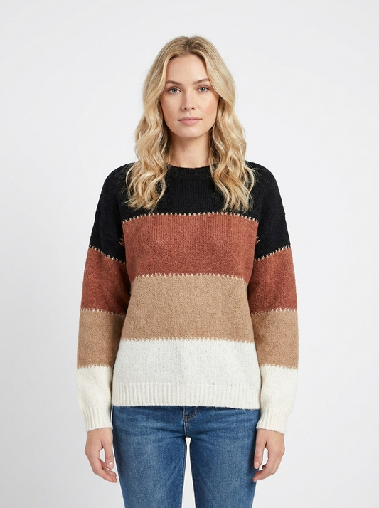 Women's Color-Block Winter Sweater Crew-Neck Long-Sleeve Knit Pullover