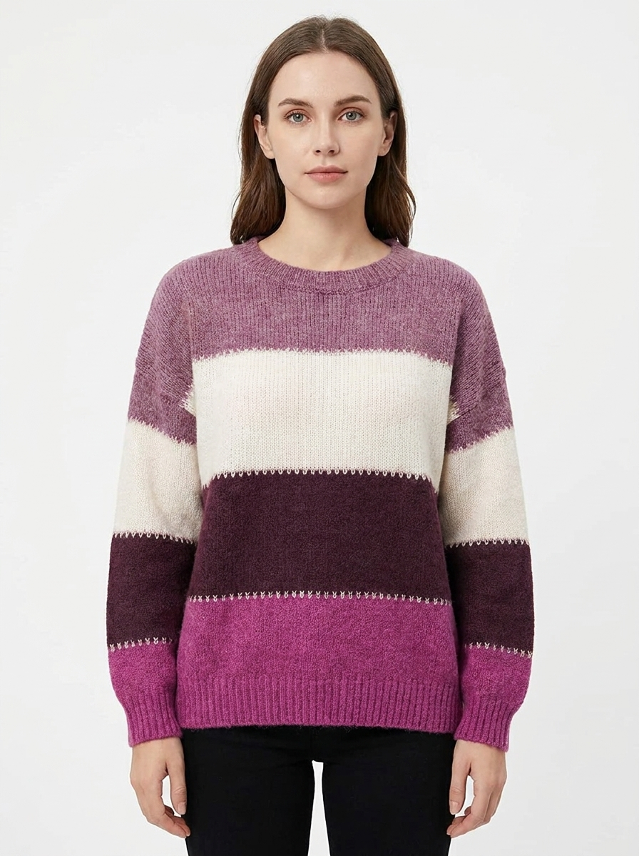 Women's Color-Block Winter Sweater Crew-Neck Long-Sleeve Knit Pullover