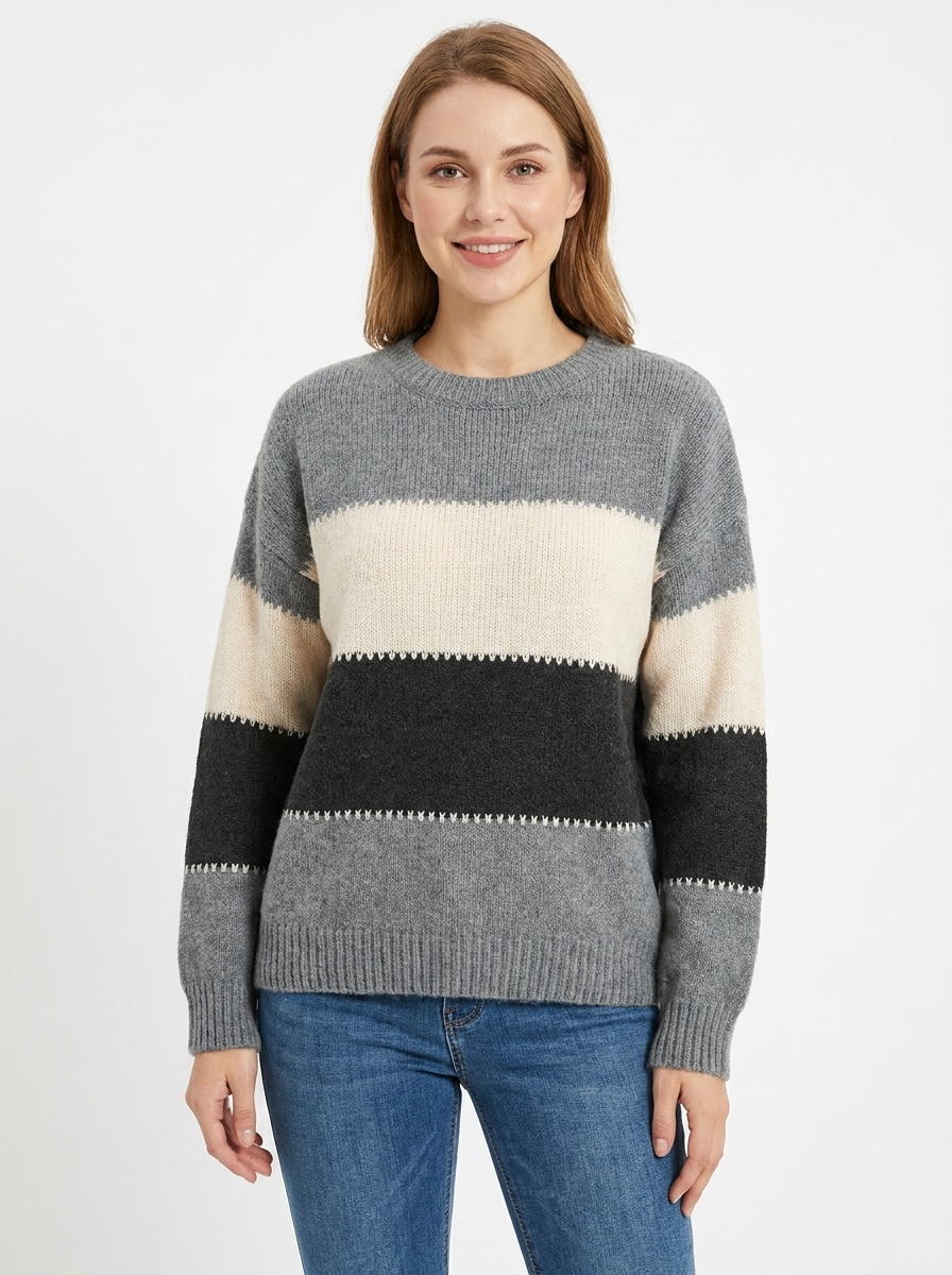 Women's Color-Block Winter Sweater Crew-Neck Long-Sleeve Knit Pullover