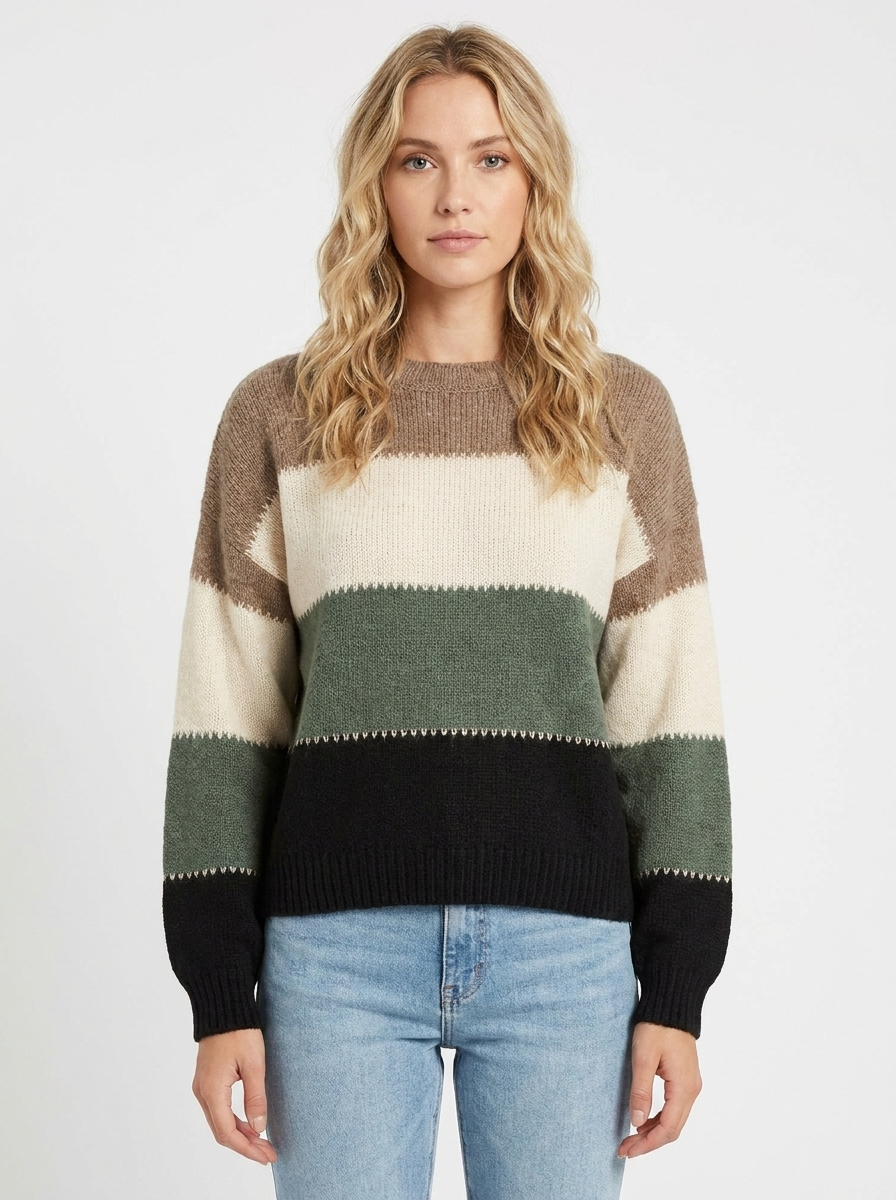 Women's Color-Block Winter Sweater Crew-Neck Long-Sleeve Knit Pullover