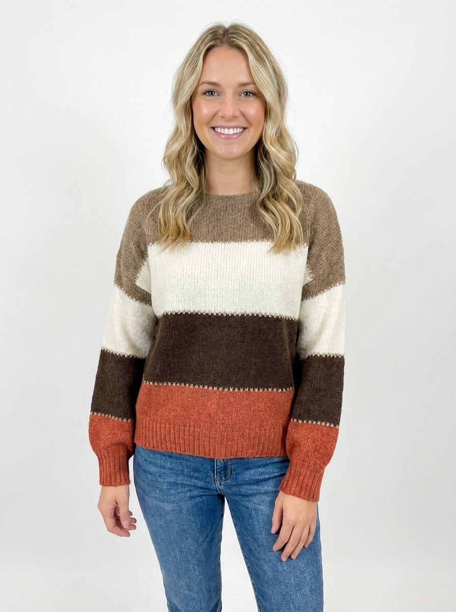 Women's Color-Block Winter Sweater Crew-Neck Long-Sleeve Knit Pullover