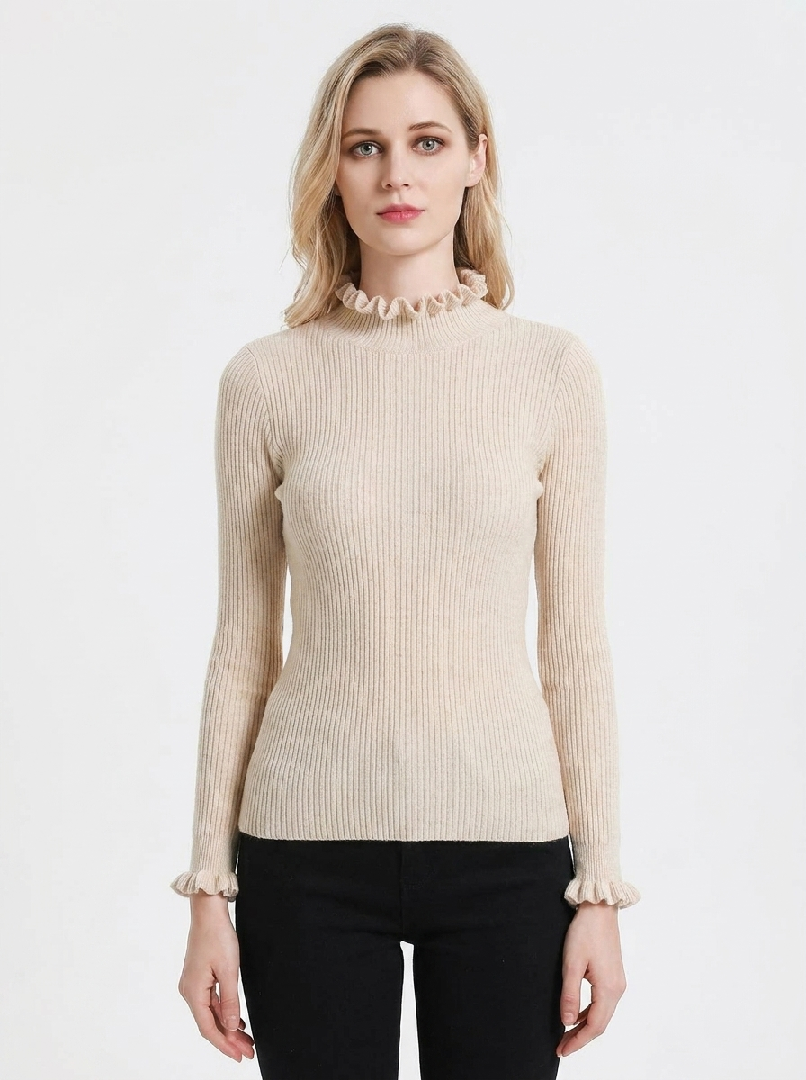 Women's Ribbed Knit Winter Sweater Ruffle Collar Long-Sleeve Pullover