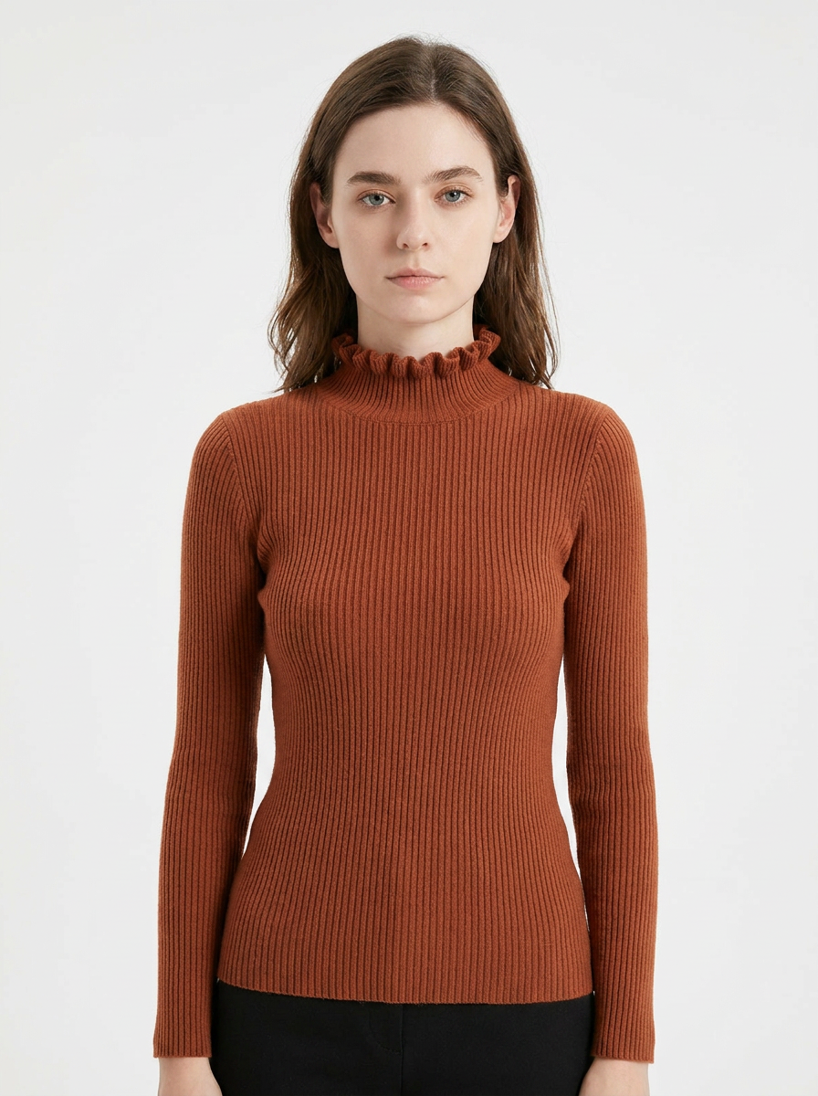 Women's Ribbed Knit Winter Sweater Ruffle Collar Long-Sleeve Pullover