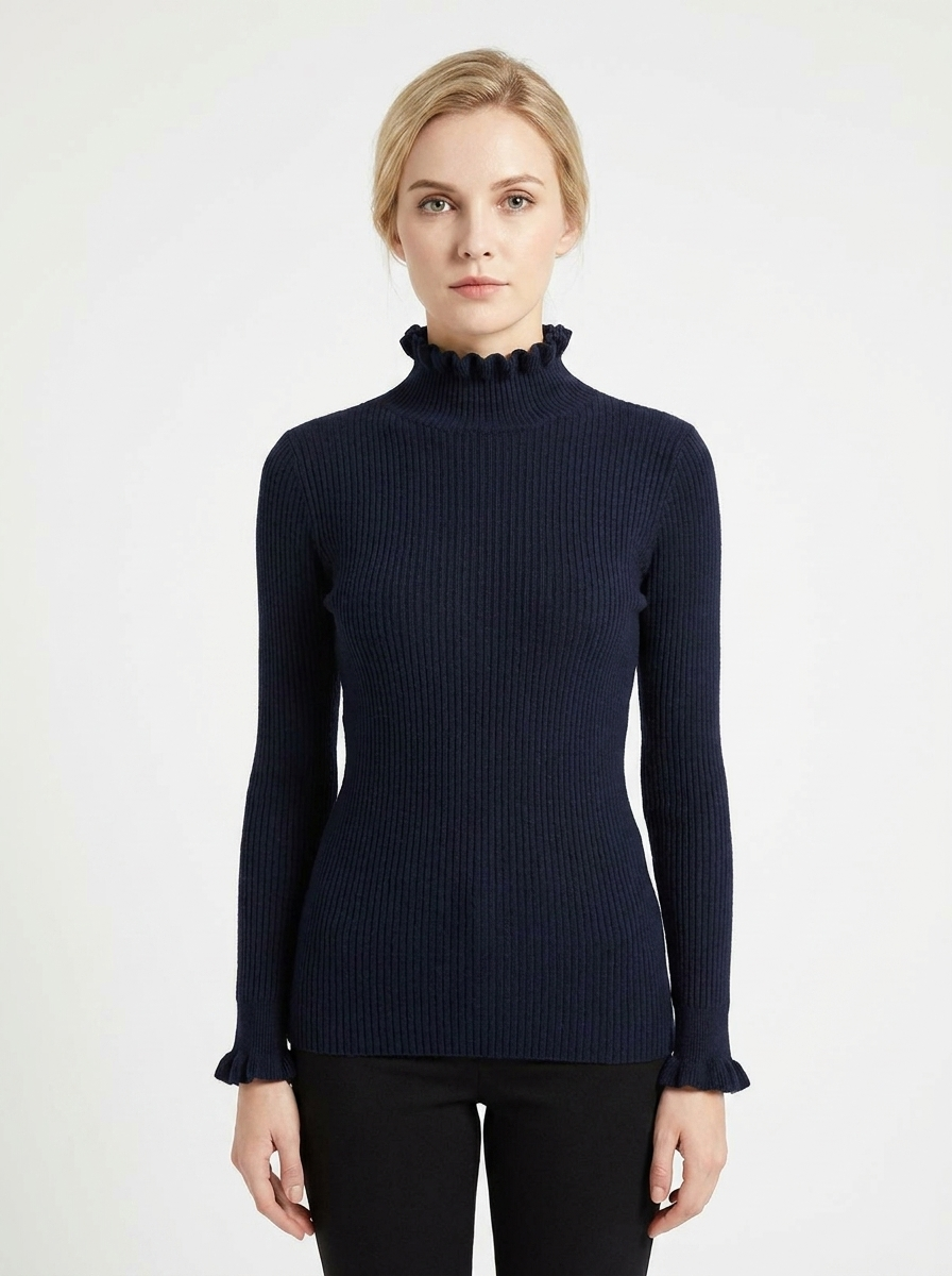 Women's Ribbed Knit Winter Sweater Ruffle Collar Long-Sleeve Pullover