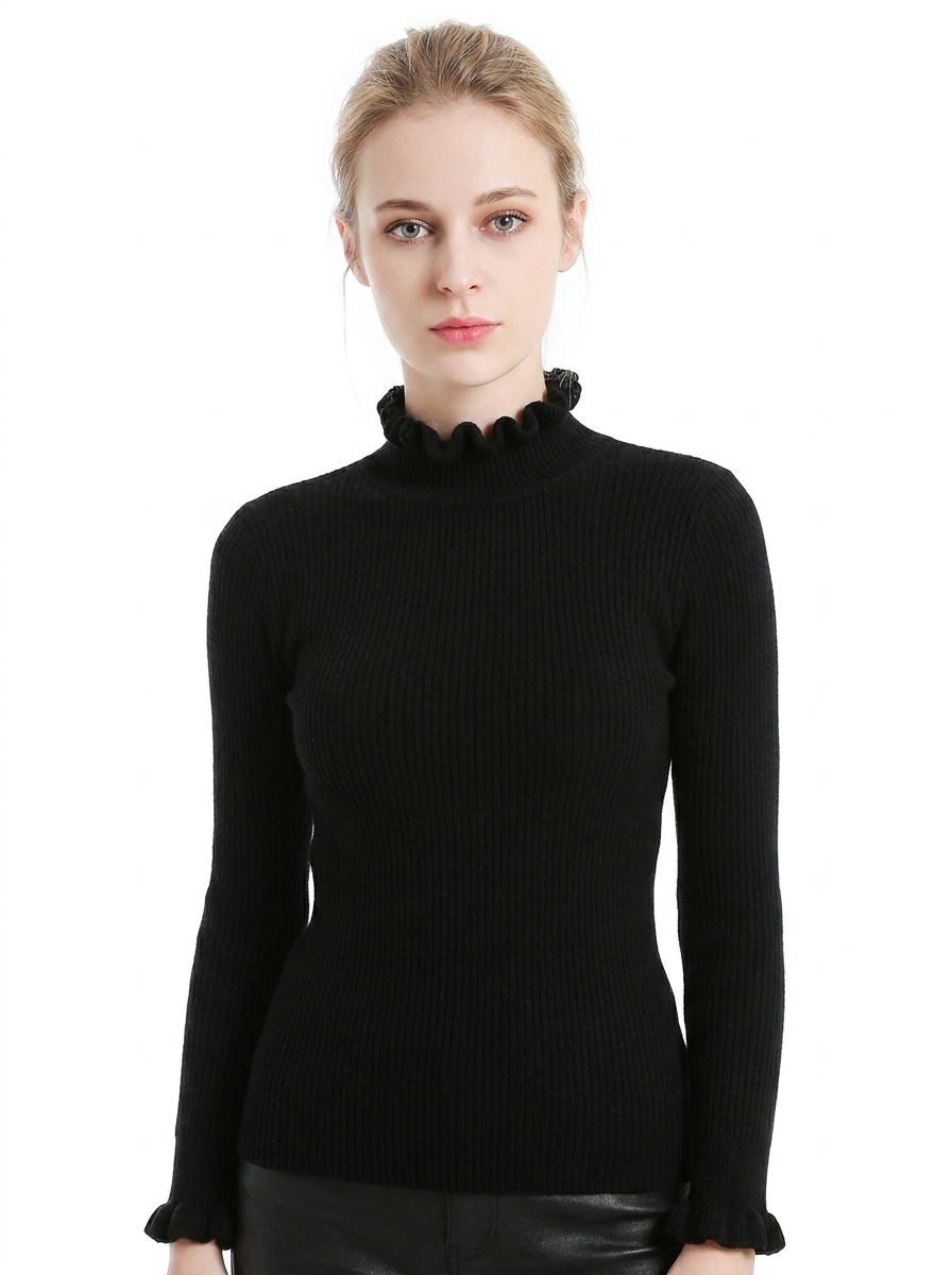 Women's Ribbed Knit Winter Sweater Ruffle Collar Long-Sleeve Pullover