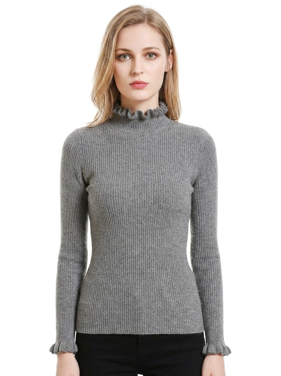 Women's Ribbed Knit Winter Sweater Ruffle Collar Long-Sleeve Pullover