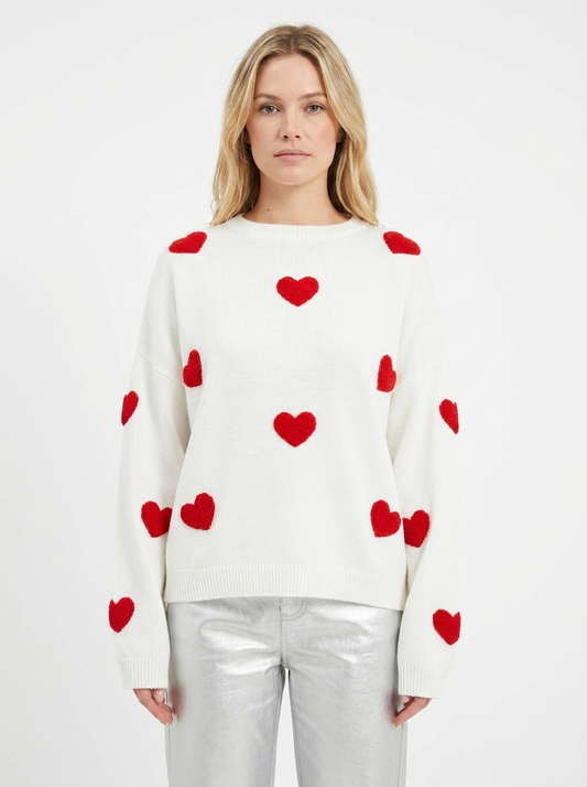 Women's Heart Print Winter Sweater Oversized Crew-Neck Knit Pullover
