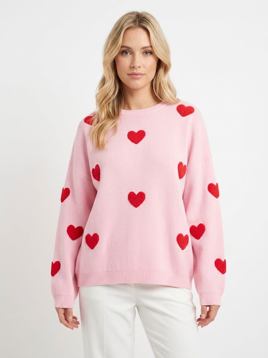Women's Heart Print Winter Sweater Oversized Crew-Neck Knit Pullover
