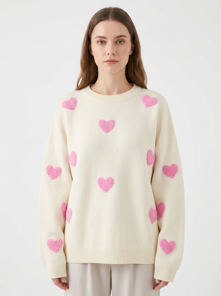 Women's Heart Print Winter Sweater Oversized Crew-Neck Knit Pullover