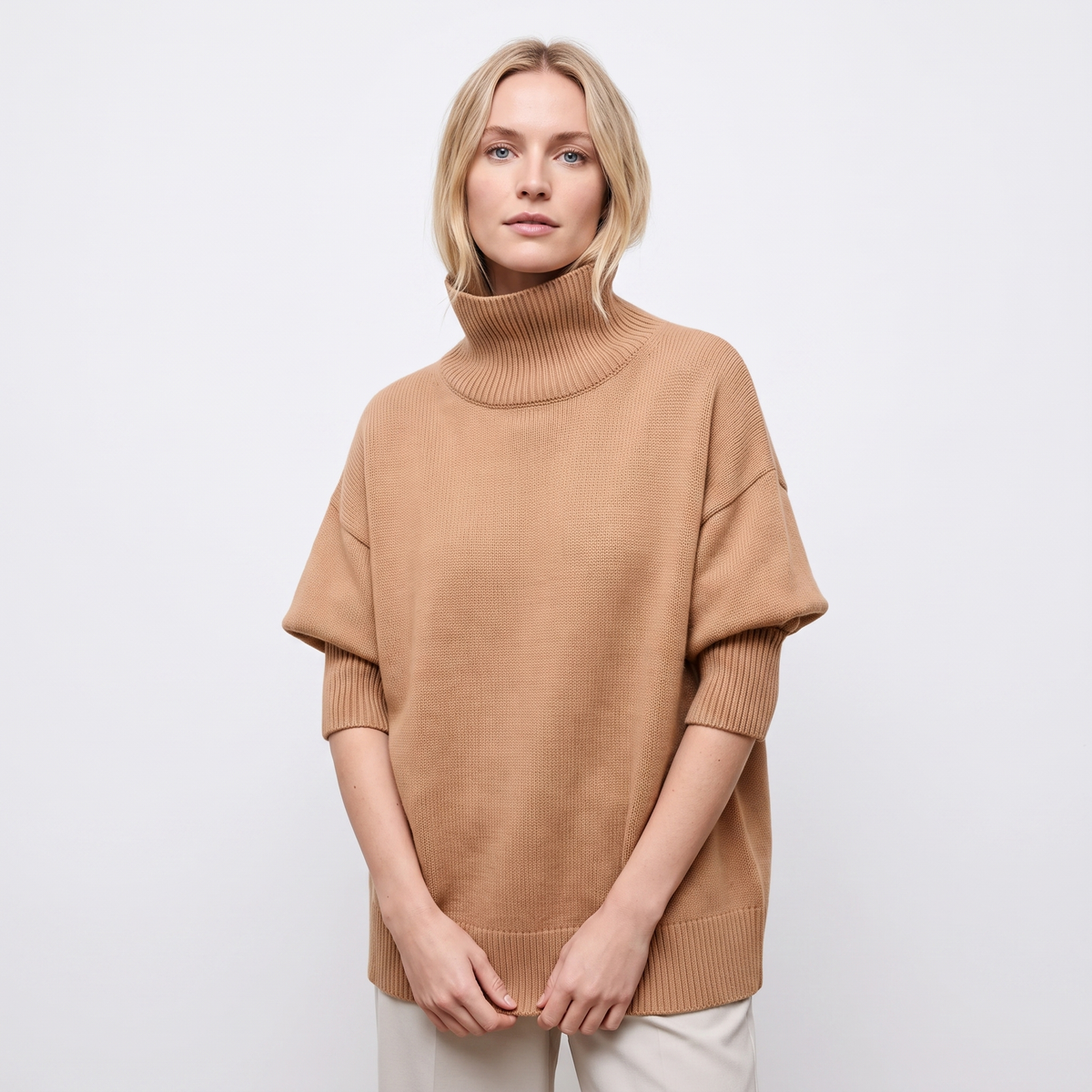 Women's Turtleneck Winter Sweater Short-Sleeve Oversized Knit Pullover