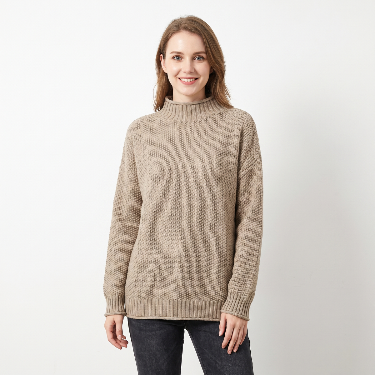 Women's Textured Knit Winter Sweater Oversized Mock-Neck Pullover