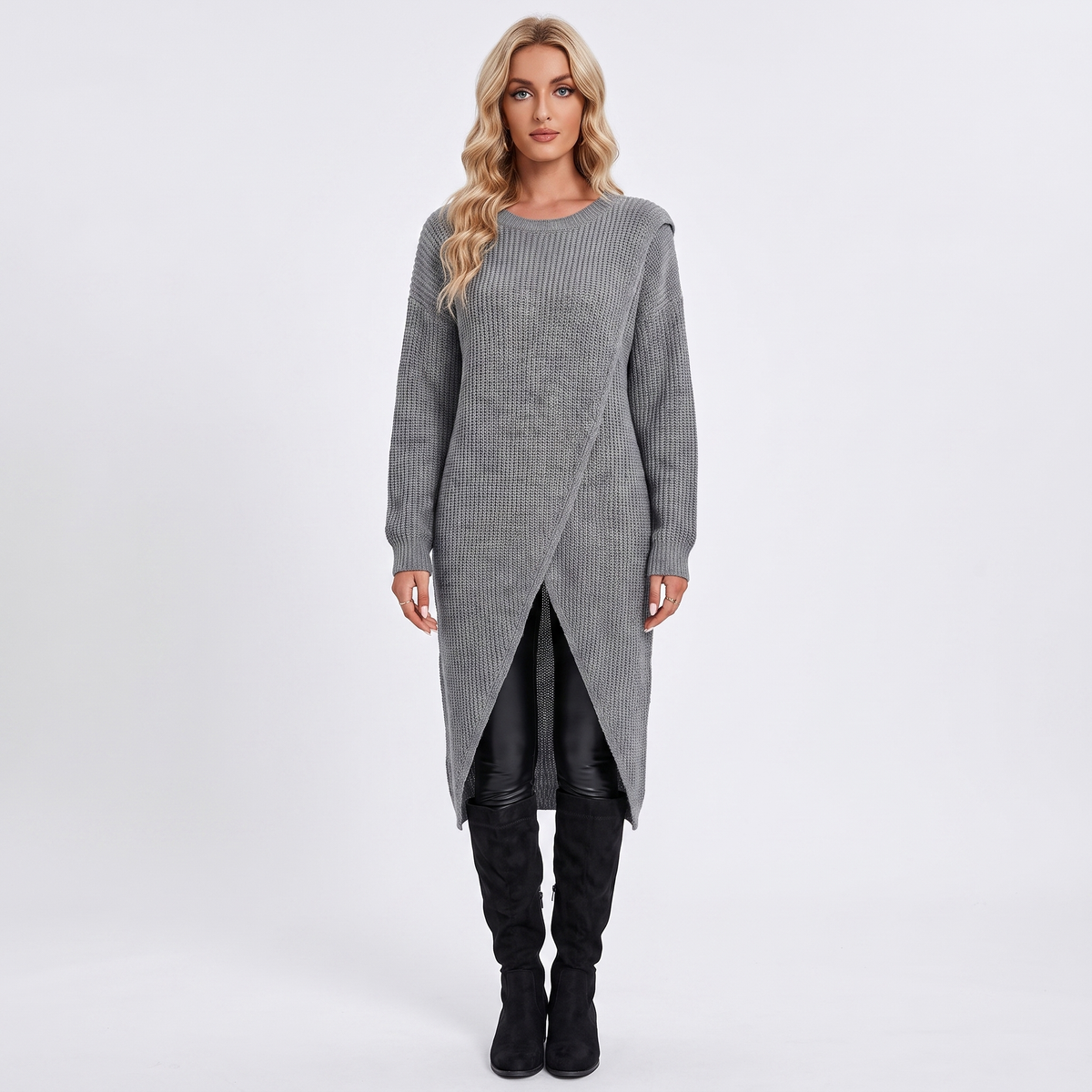 Women's Wrap Front Sweater Winter Dress Long-Sleeve Knit Maxi Tunic