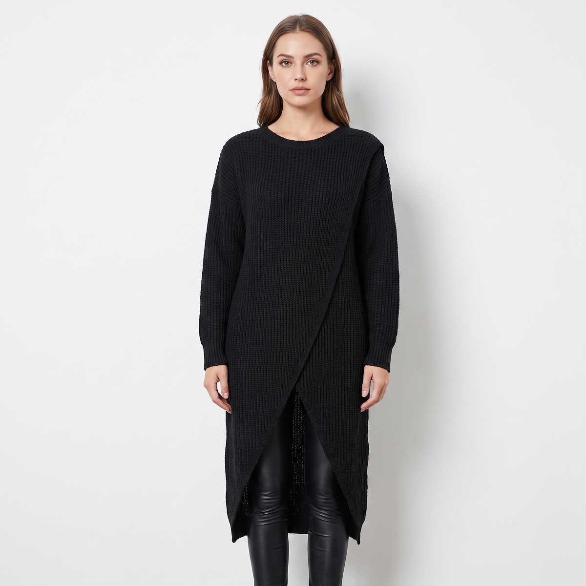 Women's Wrap Front Sweater Winter Dress Long-Sleeve Knit Maxi Tunic