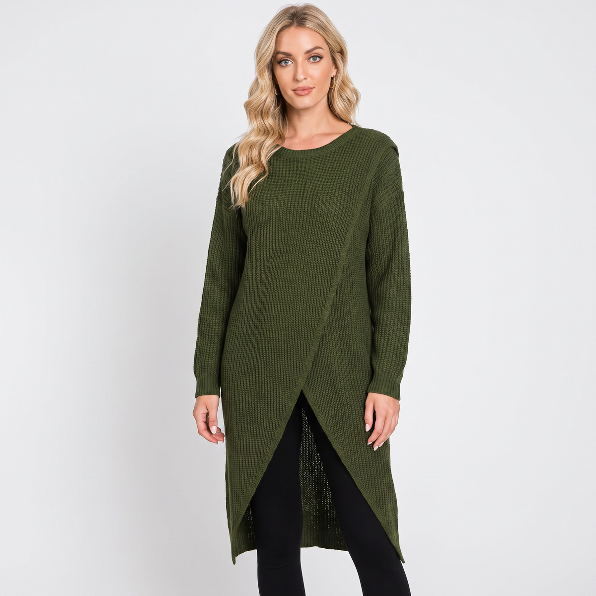 Women's Wrap Front Sweater Winter Dress Long-Sleeve Knit Maxi Tunic