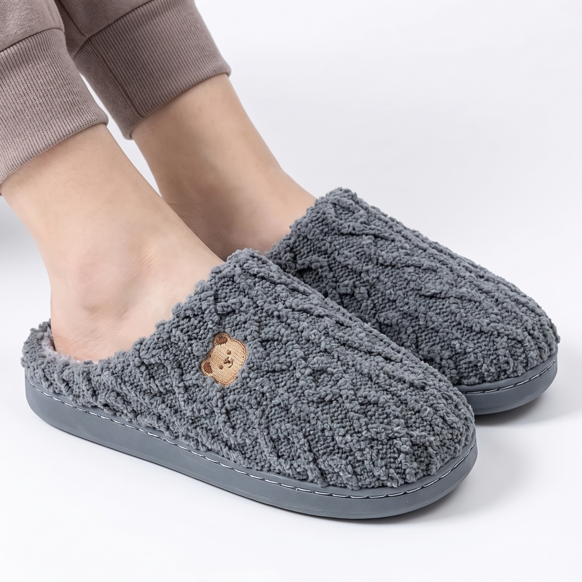 Unisex Cable Knit Slippers Fluffy Fleece Lined House Slippers Winter