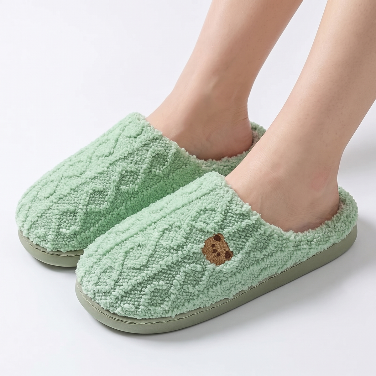 Unisex Cable Knit Slippers Fluffy Fleece Lined House Slippers Winter