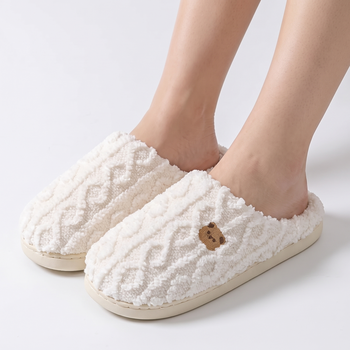 Unisex Cable Knit Slippers Fluffy Fleece Lined House Slippers Winter