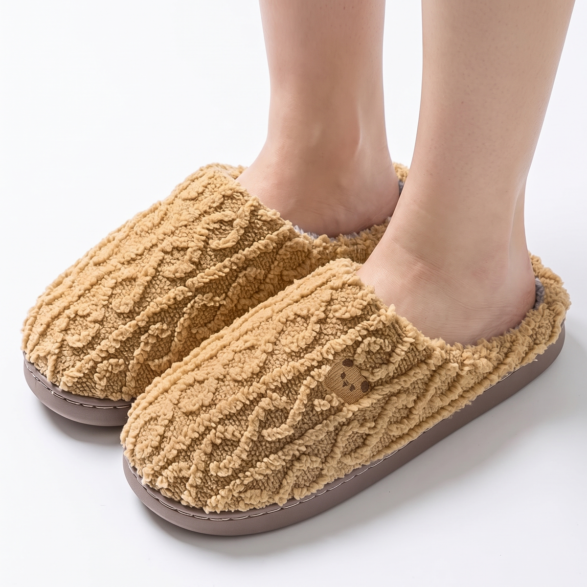 Unisex Cable Knit Slippers Fluffy Fleece Lined House Slippers Winter