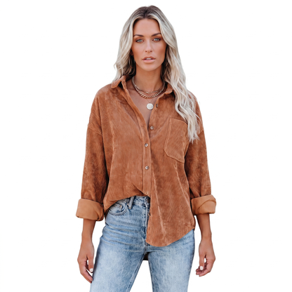 Women's Corduroy Autumn Shirt Oversized Button-Down Long-Sleeve Blouse