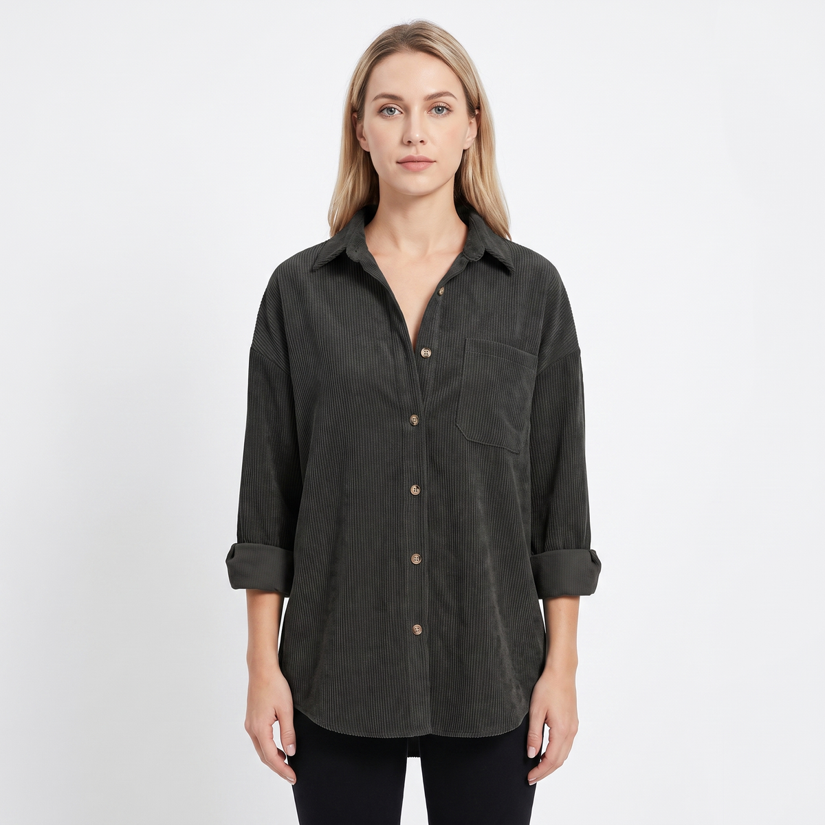 Women's Corduroy Autumn Shirt Oversized Button-Down Long-Sleeve Blouse