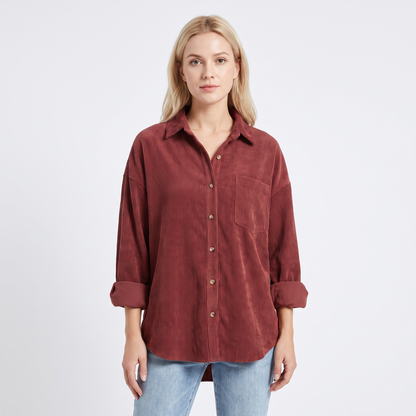 Women's Corduroy Autumn Shirt Oversized Button-Down Long-Sleeve Blouse