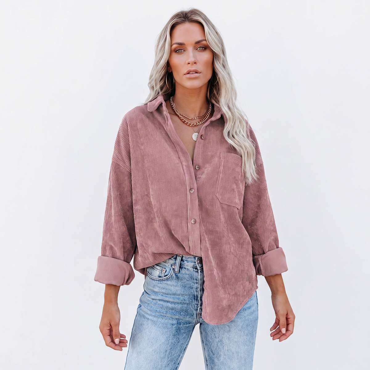 Women's Corduroy Autumn Shirt Oversized Button-Down Long-Sleeve Blouse