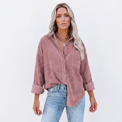 Women's Corduroy Autumn Shirt Oversized Button-Down Long-Sleeve Blouse