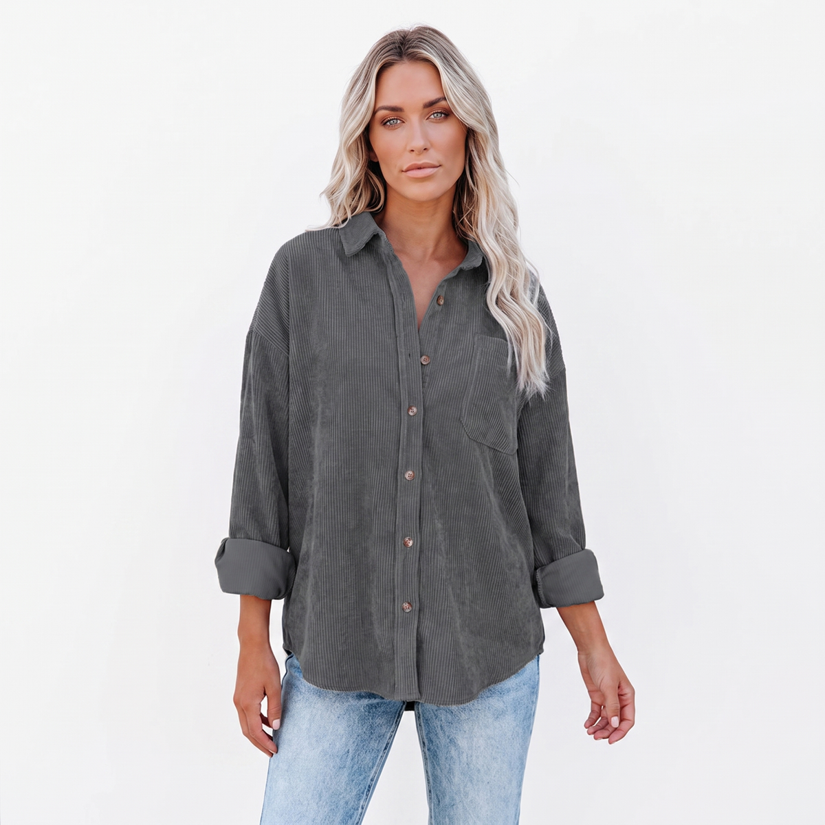Women's Corduroy Autumn Shirt Oversized Button-Down Long-Sleeve Blouse