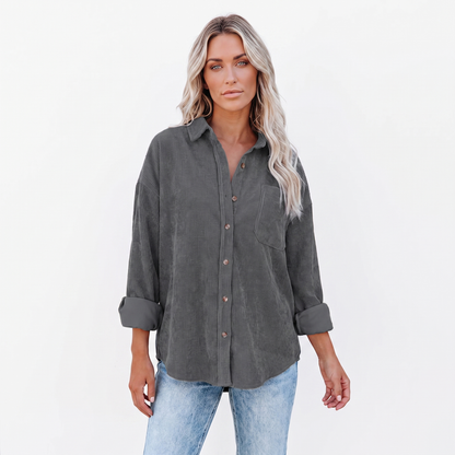Women's Corduroy Autumn Shirt Oversized Button-Down Long-Sleeve Blouse