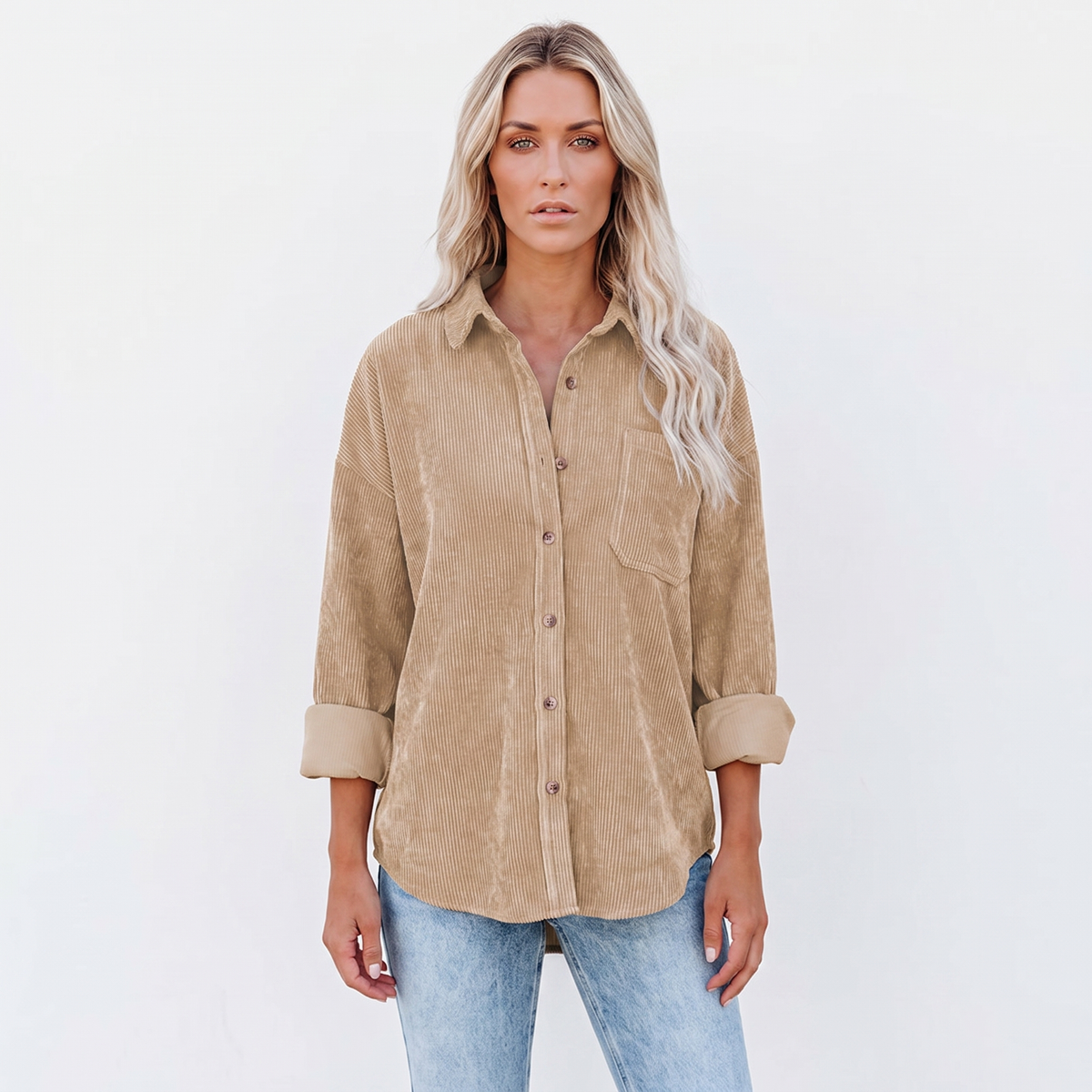 Women's Corduroy Autumn Shirt Oversized Button-Down Long-Sleeve Blouse