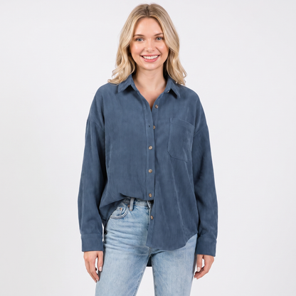 Women's Corduroy Autumn Shirt Oversized Button-Down Long-Sleeve Blouse