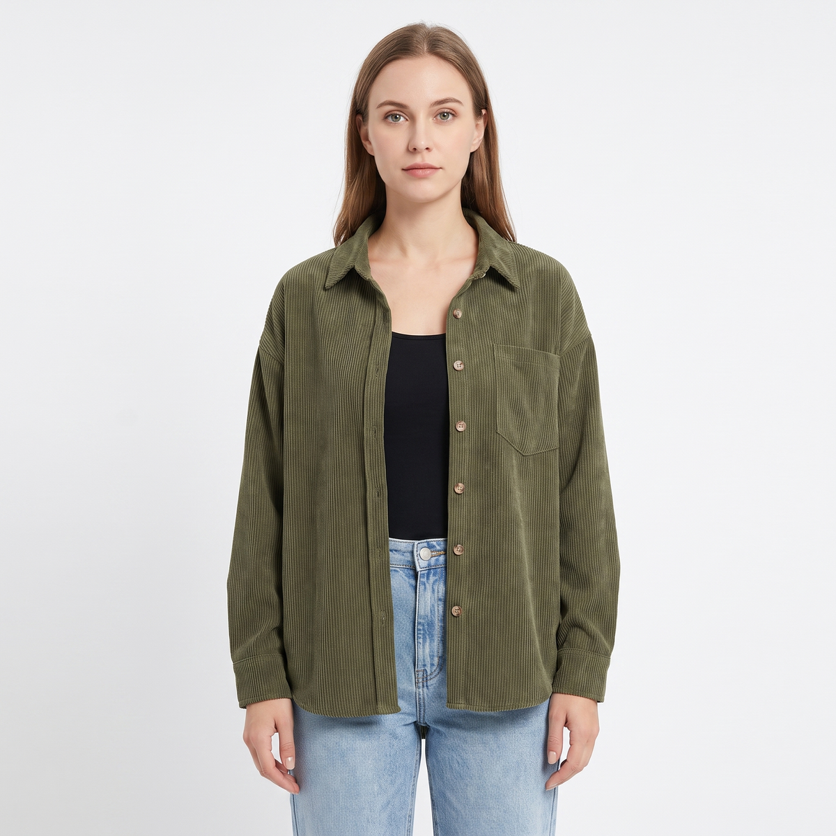 Women's Corduroy Autumn Shirt Oversized Button-Down Long-Sleeve Blouse
