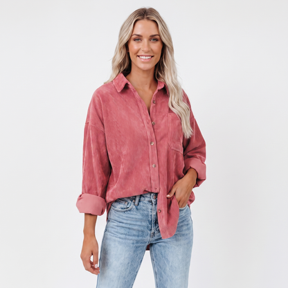Women's Corduroy Autumn Shirt Oversized Button-Down Long-Sleeve Blouse