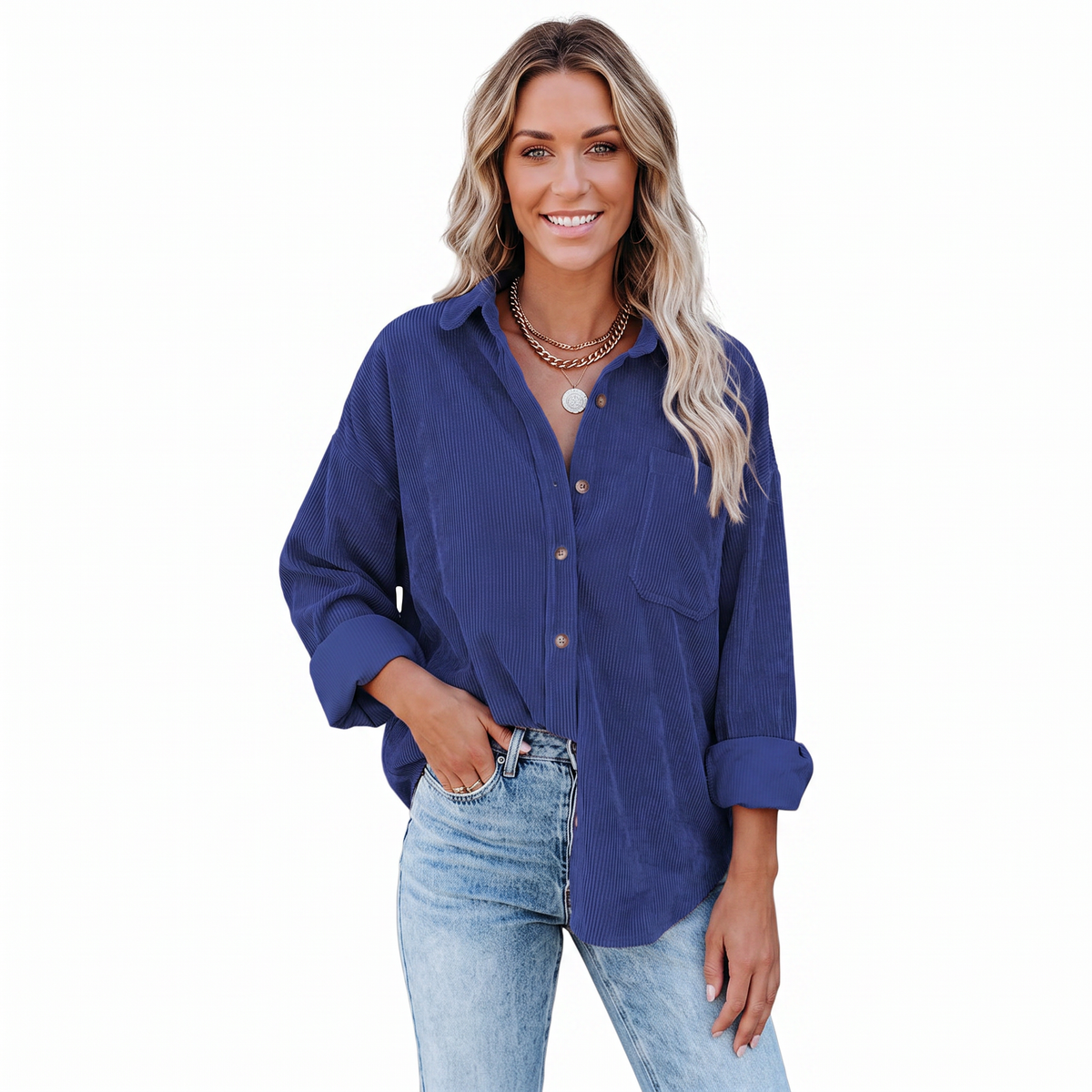 Women's Corduroy Autumn Shirt Oversized Button-Down Long-Sleeve Blouse