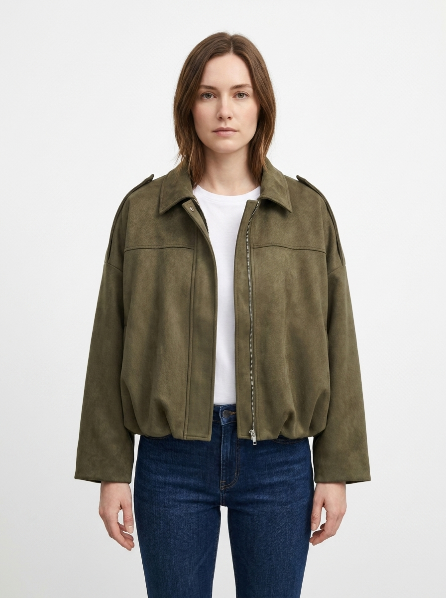 Women's Oversized Bomber Autumn Jacket Balloon Sleeve Cropped Zip-Up