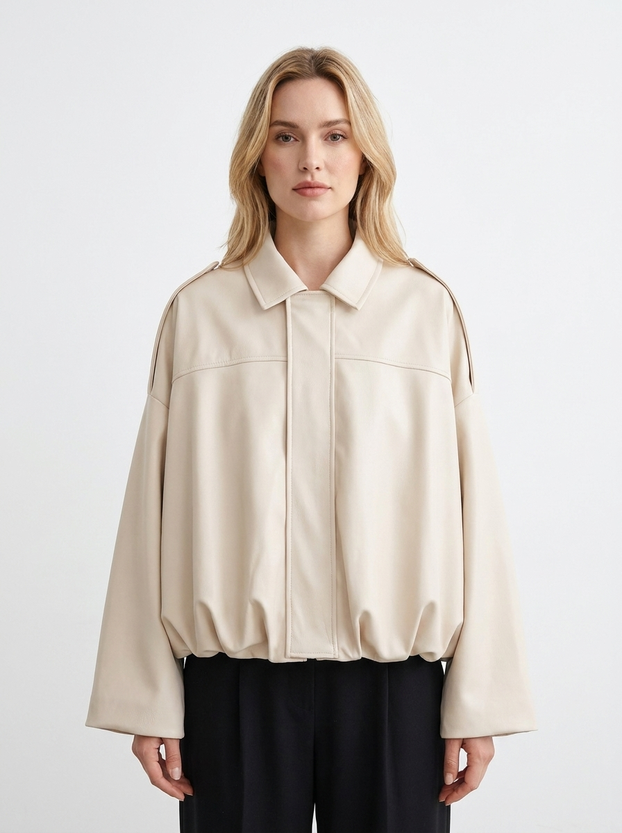 Women's Oversized Bomber Autumn Jacket Balloon Sleeve Cropped Zip-Up