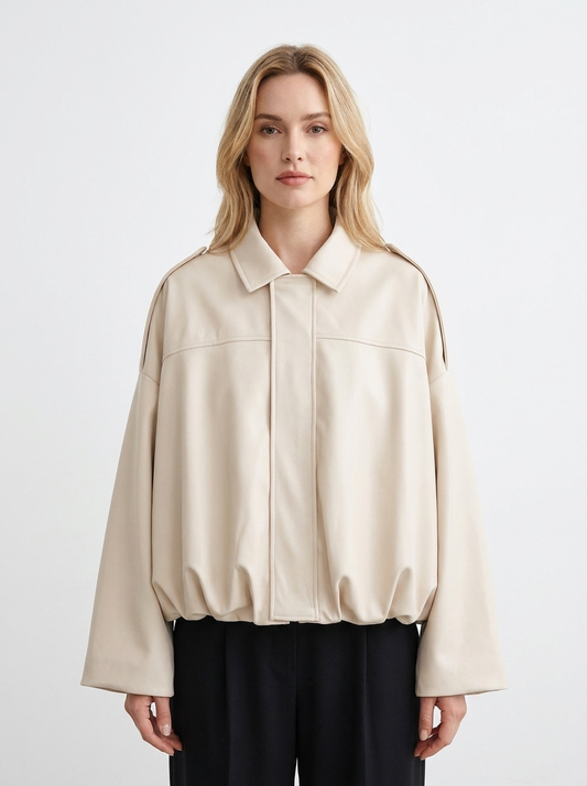 Women's Oversized Bomber Autumn Jacket Balloon Sleeve Cropped Zip-Up