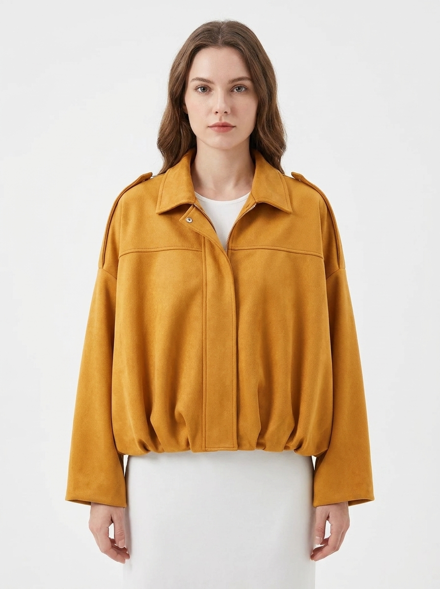 Women's Oversized Bomber Autumn Jacket Balloon Sleeve Cropped Zip-Up