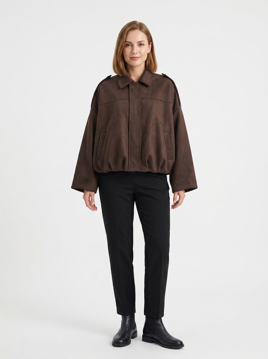 Women's Oversized Bomber Autumn Jacket Balloon Sleeve Cropped Zip-Up