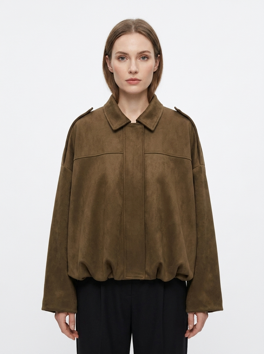 Women's Oversized Bomber Autumn Jacket Balloon Sleeve Cropped Zip-Up