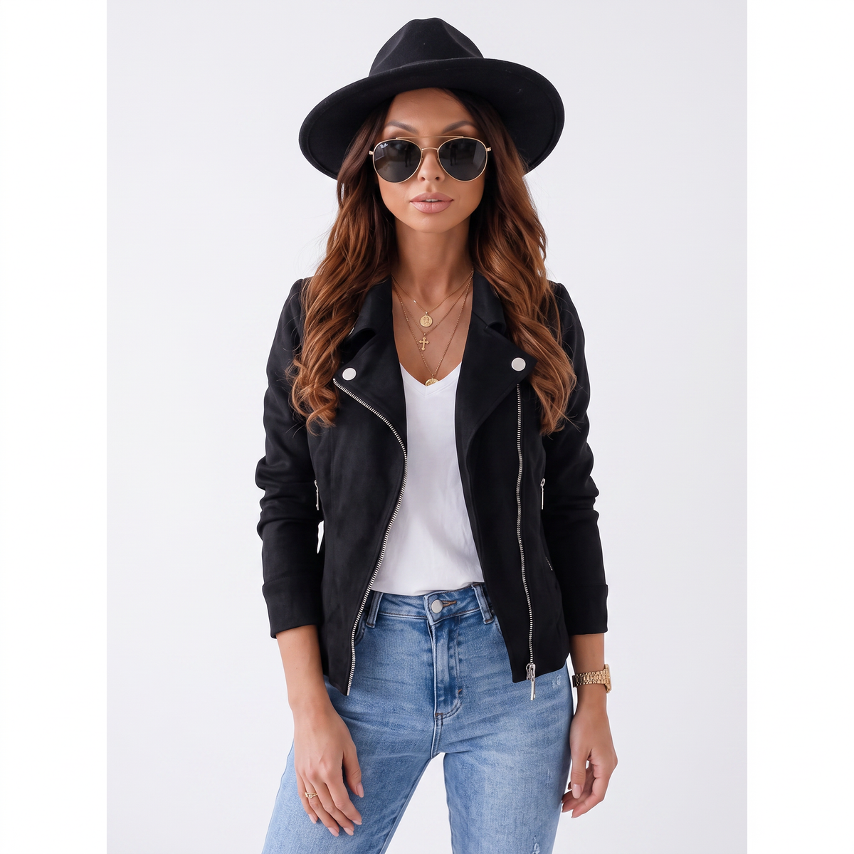 Women's Suede Moto Cropped Asymmetric Zip Biker Display Title: Elara Jacket