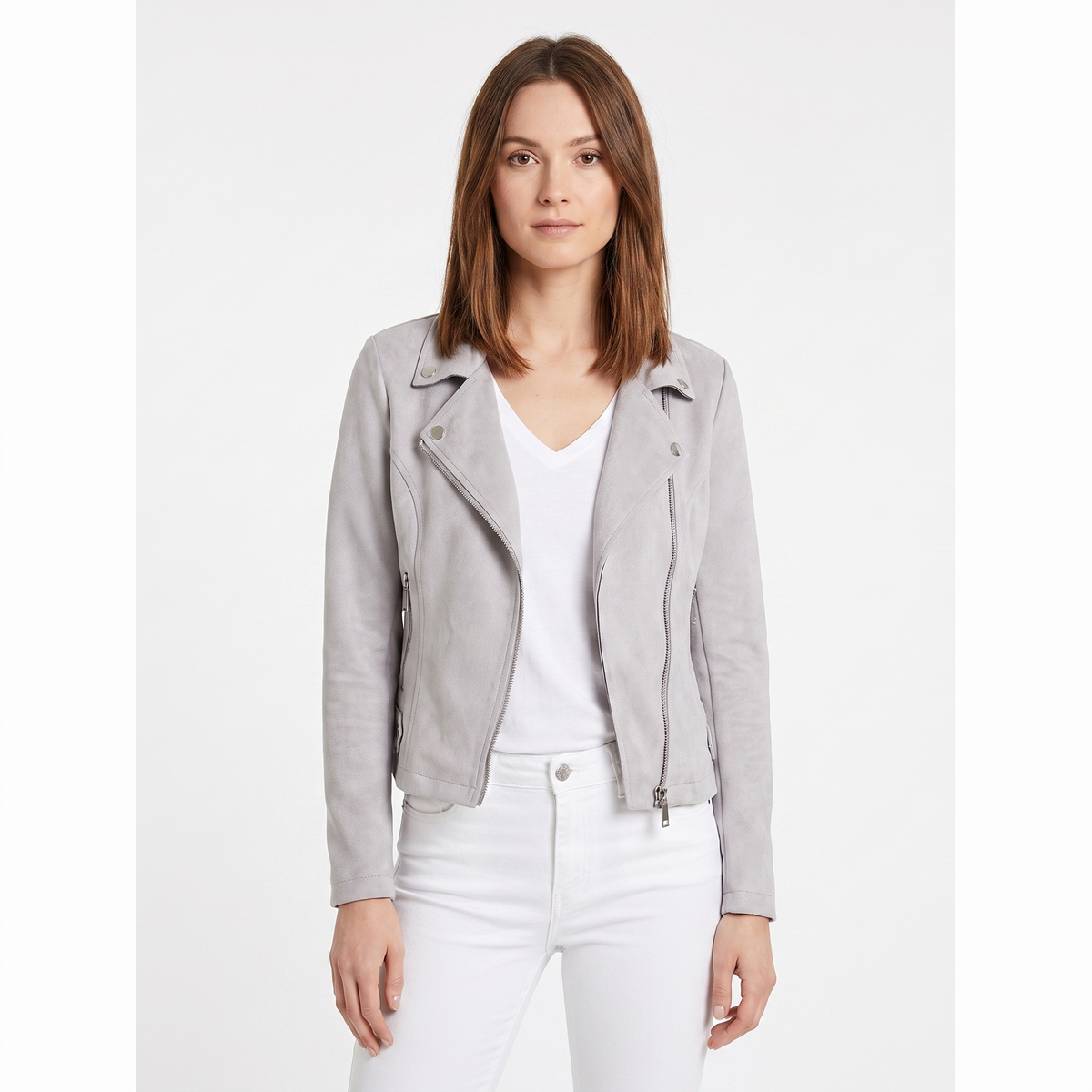 Women's Suede Moto Cropped Asymmetric Zip Biker Display Title: Elara Jacket