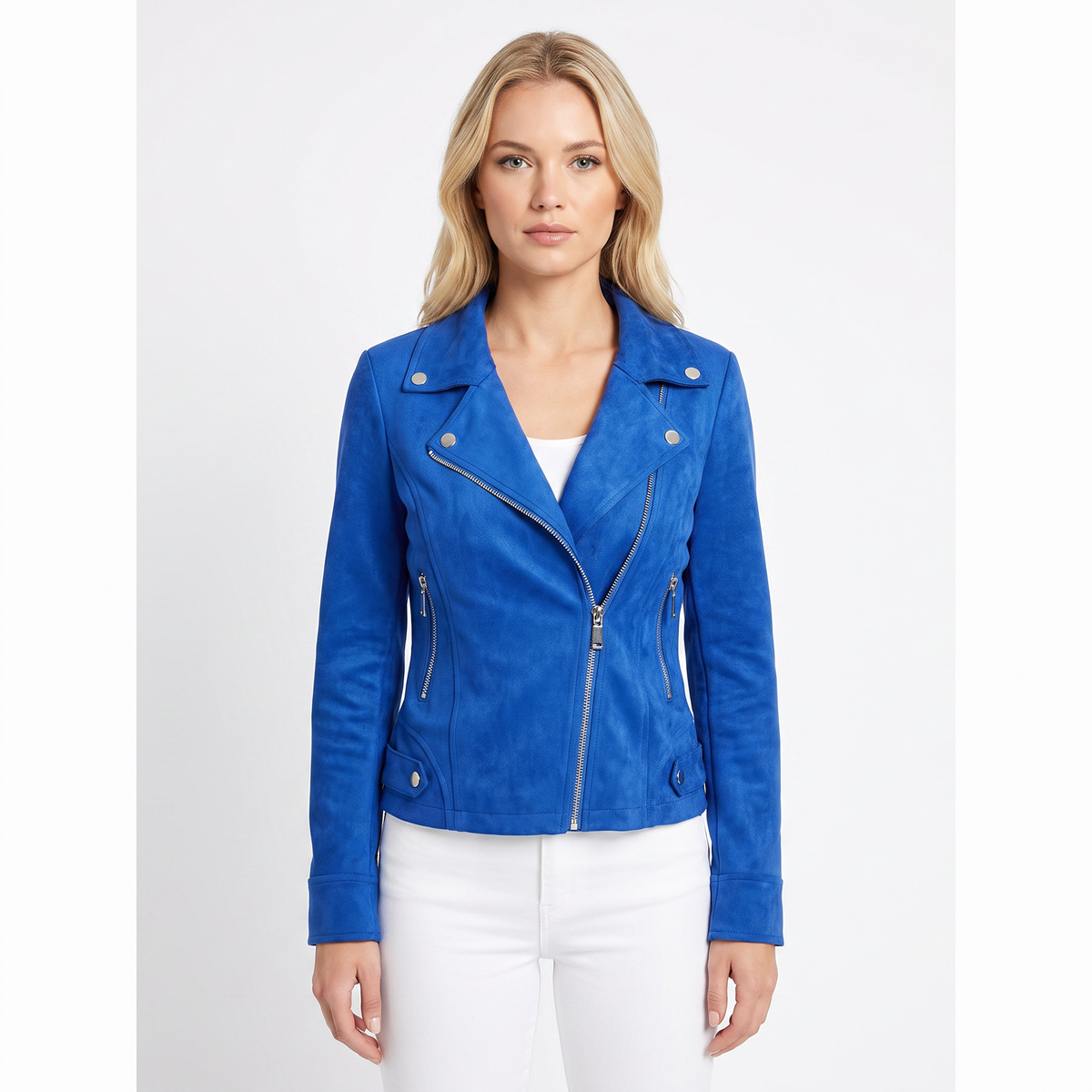 Women's Suede Moto Cropped Asymmetric Zip Biker Display Title: Elara Jacket