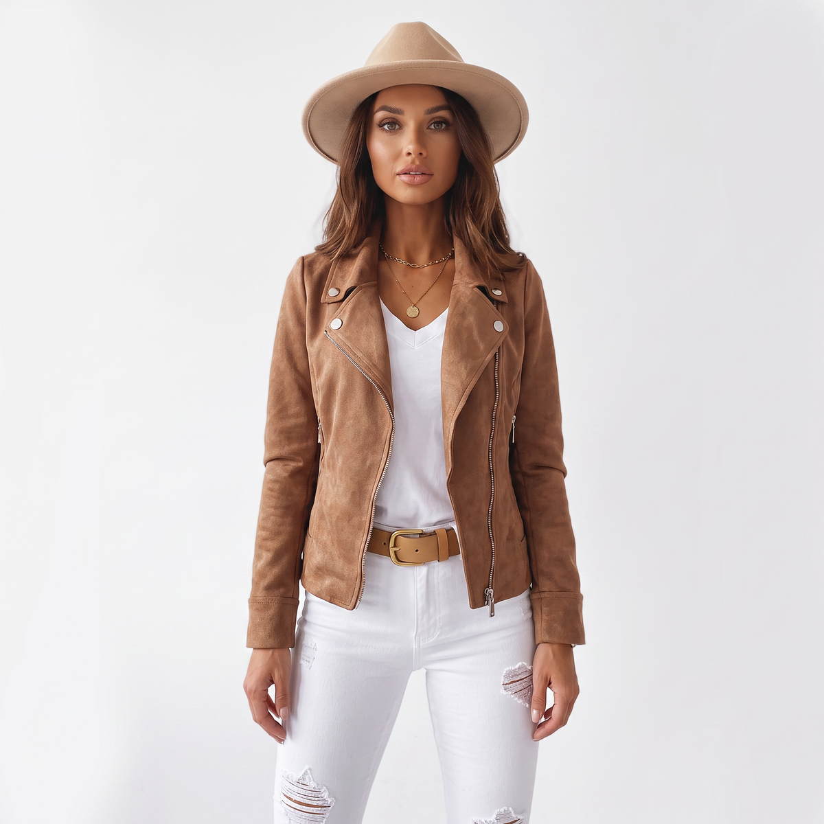 Women's Suede Moto Cropped Asymmetric Zip Biker Display Title: Elara Jacket