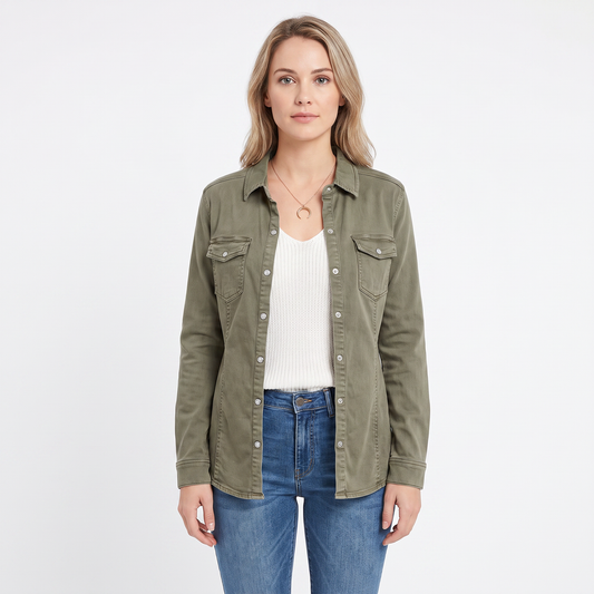 Women's Snap Button Autumn Shirt Twill Utility Long-Sleeve Blouse
