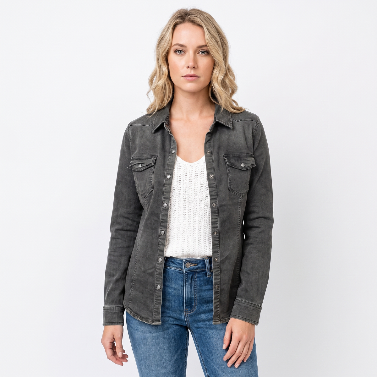 Women's Snap Button Autumn Shirt Twill Utility Long-Sleeve Blouse