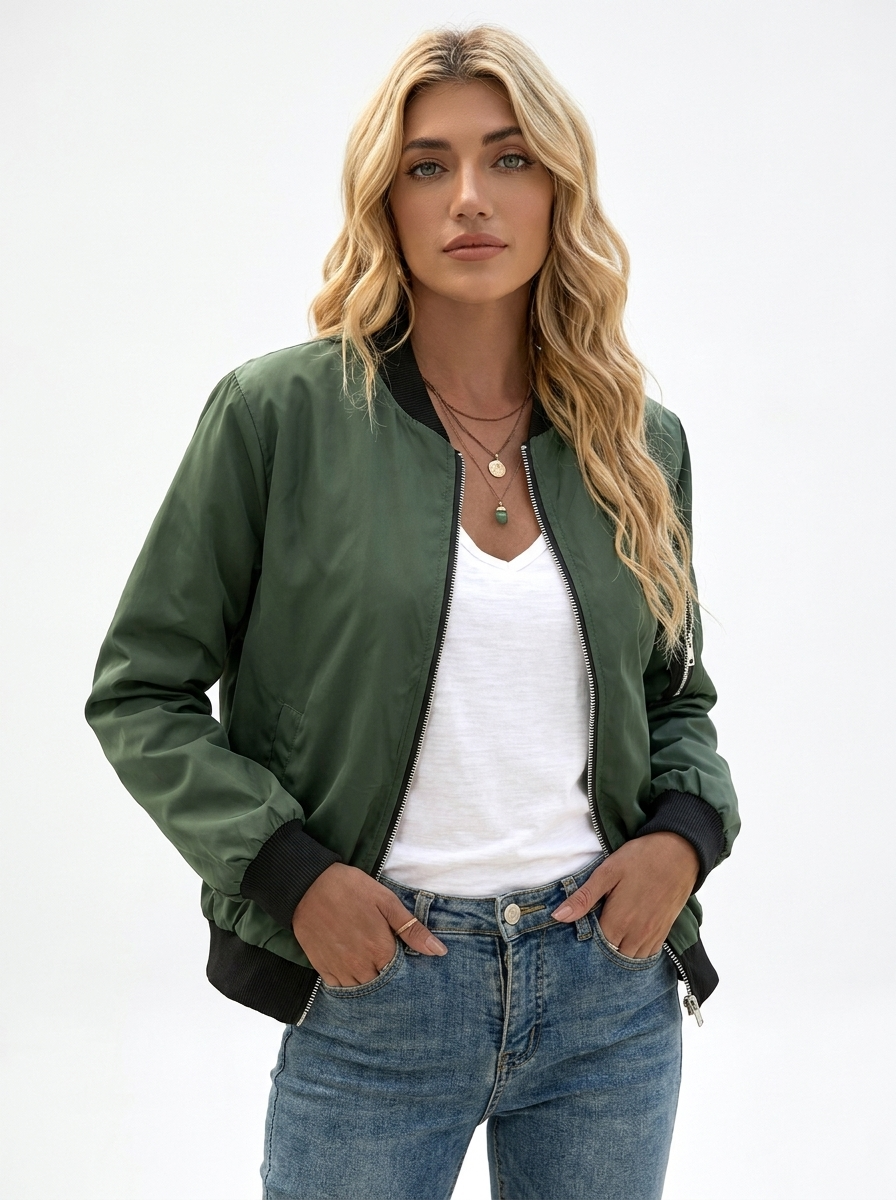 Women's Bomber Jacket Ribbed Collar Zip-Up Autumn Coat