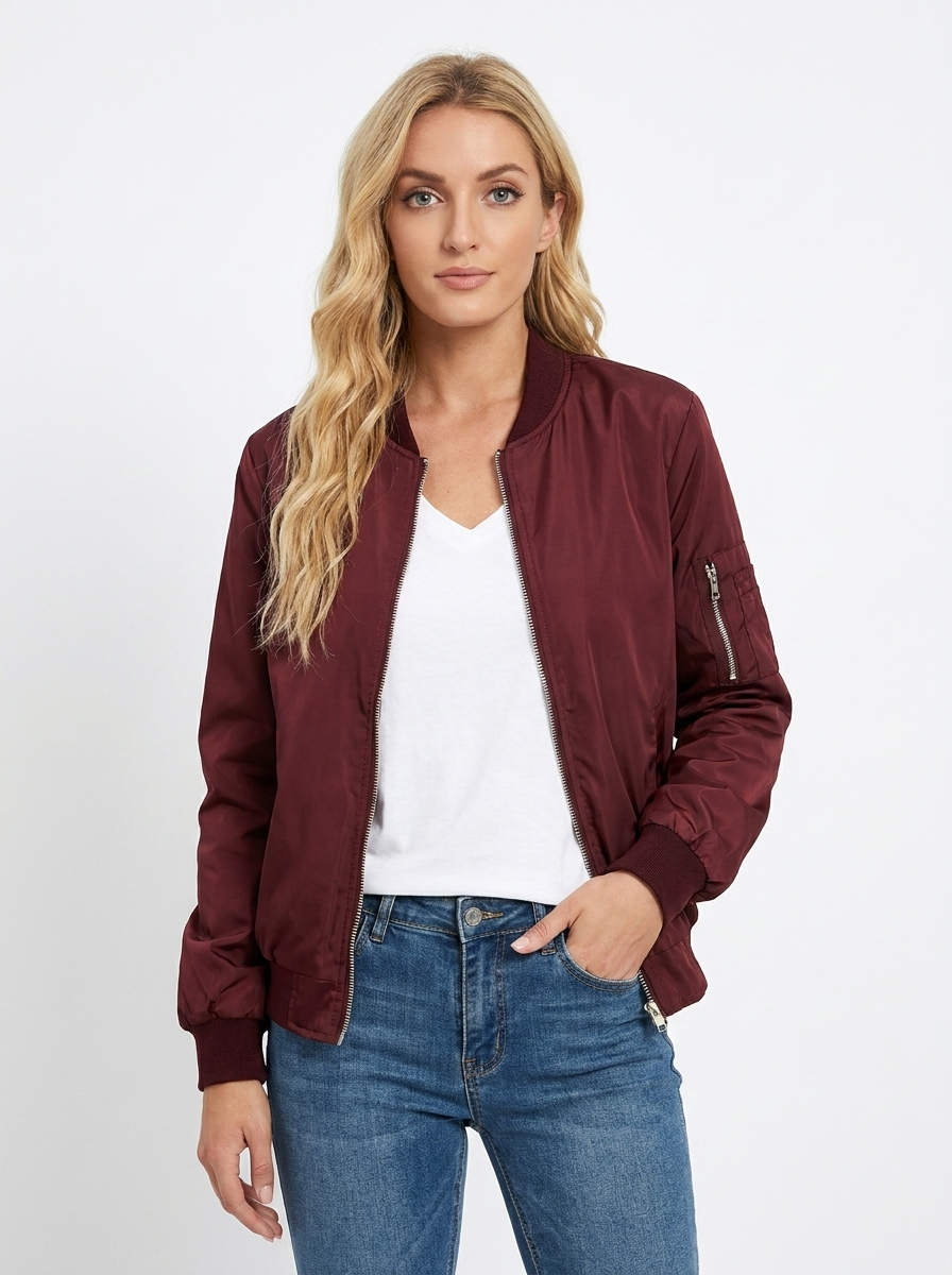 Women's Bomber Jacket Ribbed Collar Zip-Up Autumn Coat