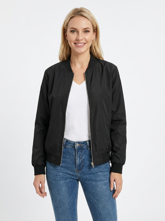 Women's Bomber Jacket Ribbed Collar Zip-Up Autumn Coat