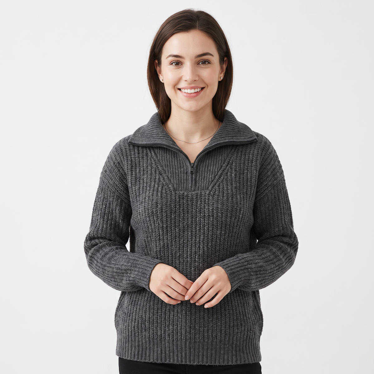Maglione da donna con zip a 1/4, in maglia a costine, con colletto